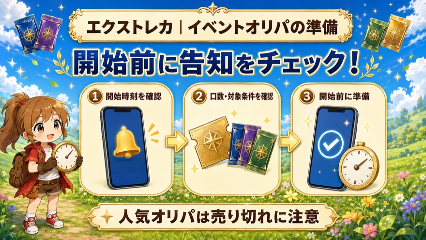 イベントオリパの開始時刻と口数・対象条件を確認し開始前に準備する流れ