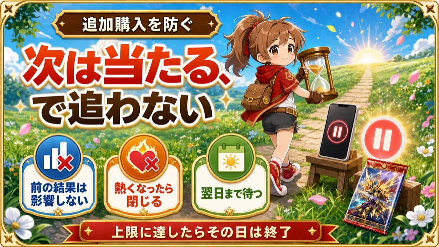 オリパワンで当たりを追ったコインの追加購入を防ぐ方法を示す図解