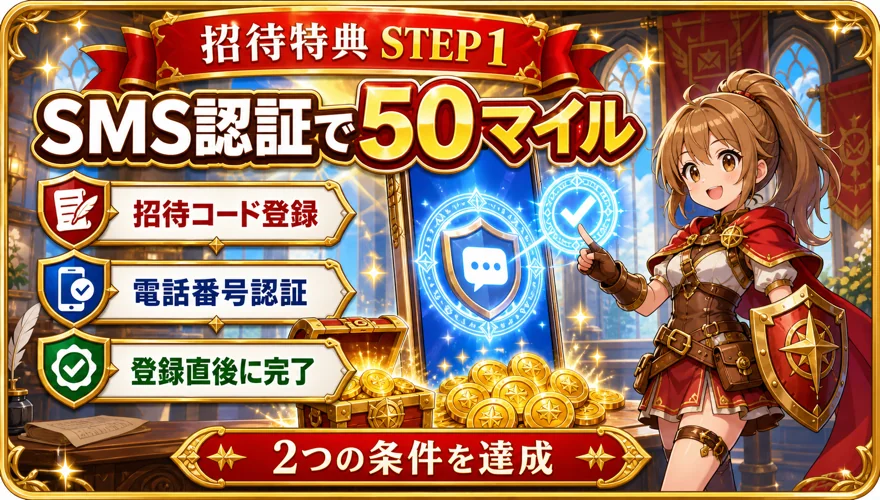 日本トレカセンターの「SMS認証で50マイル」を示す図解