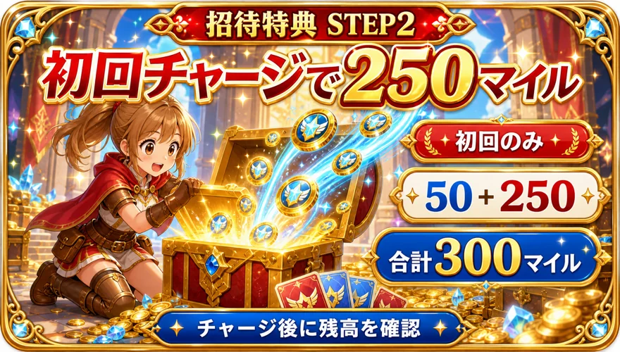 日本トレカセンターの「初回チャージで250マイル」を示す図解