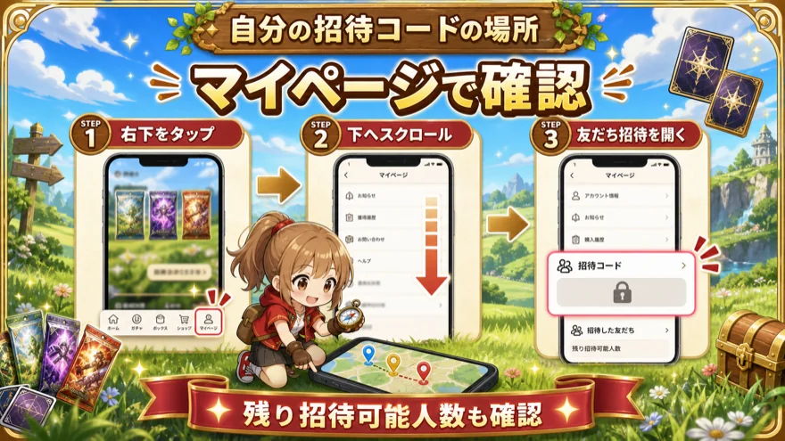 オリパワンで自分の招待コードを確認する場所を示す図解