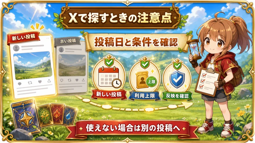 Xでオリパワンの招待コードを探すときの注意点を示す図解