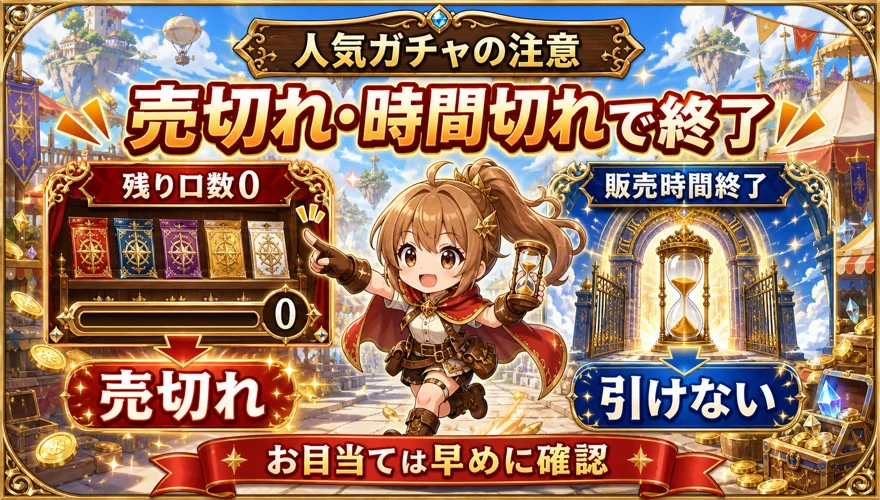 DOPAガチャが売切れや販売時間終了で引けなくなることを示す図解