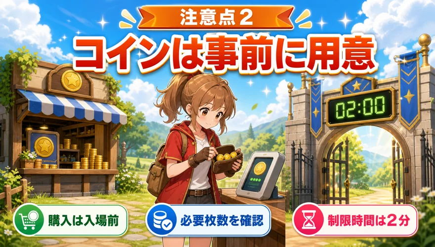 オリくじの入場制限ガチャ用コインを事前に用意することを示す図解