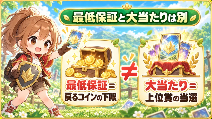 日本トレカセンター:最低保証と大当たりは別。最低保証=戻るコインの下限、大当たり=上位賞の当選
