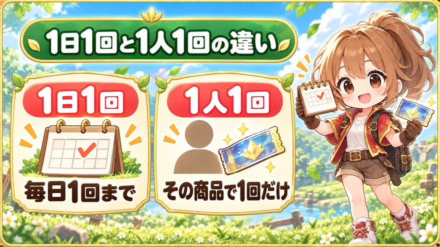 日本トレカセンター:1日1回と1人1回の違い。1日1回、毎日1回まで、1人1回、その商品で1回だけ