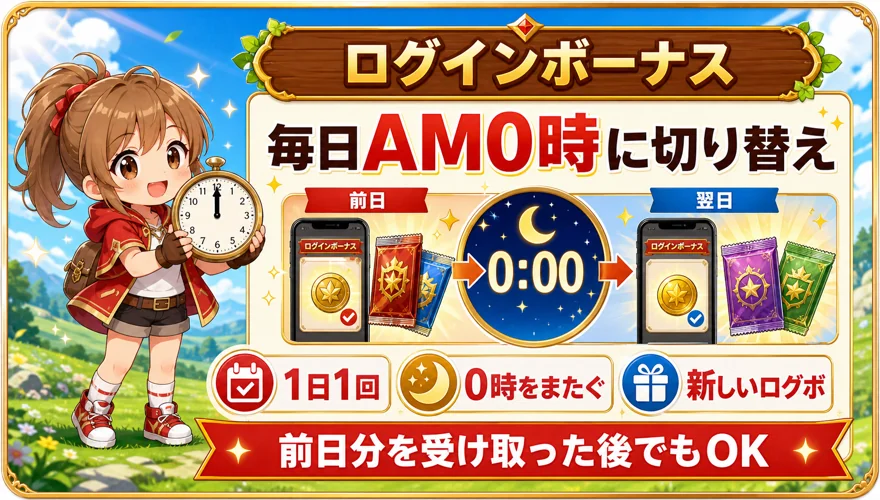 オリくじのログインボーナスが毎日AM0時に切り替わる図解