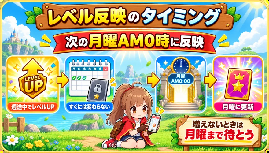オリくじのログインボーナスへレベルが月曜AM0時に反映される図解