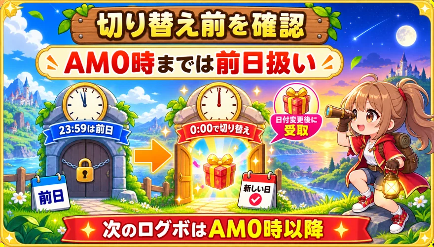 オリくじのログインボーナスがAM0時に切り替わる図解