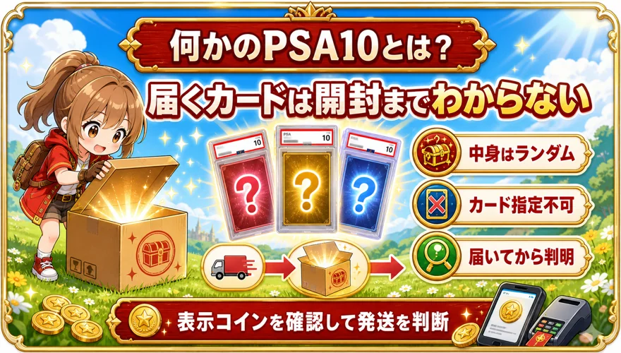 オリくじの何かのPSA10は届いて開封するまでカードがわからないことを示す図解