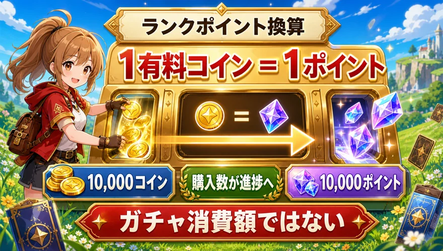 オリくじの1有料コインが1ランクポイントになる仕組みを示す図解