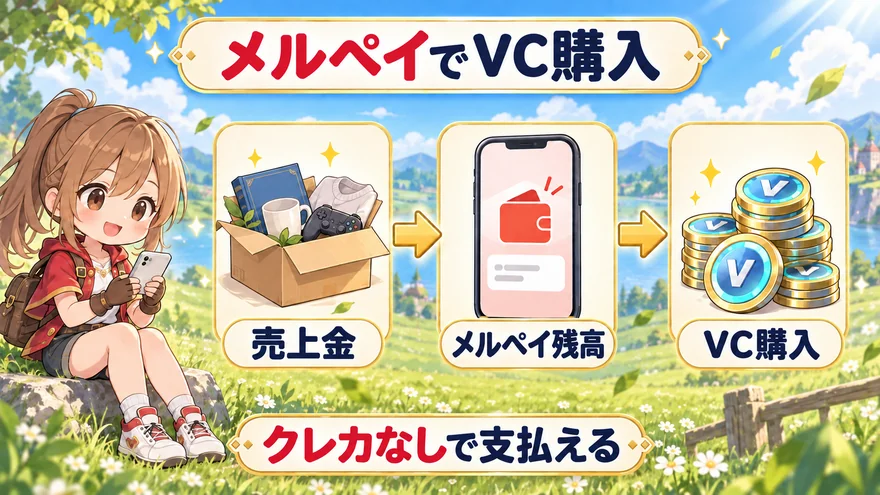 メルペイ残高でVCを購入し、クレジットカードなしで支払えることを示す図解
