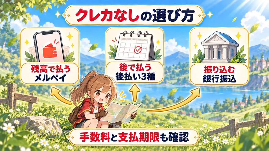 クレカなしで払う方法をメルペイ残高、後払い、銀行振込の3つに分けた図解