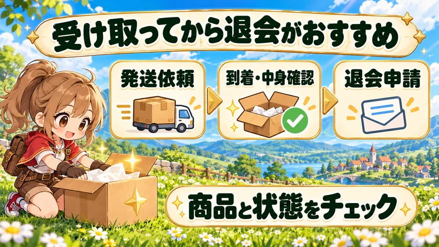 発送依頼後、商品の到着と中身・状態を確認してから退会申請するおすすめの流れ。