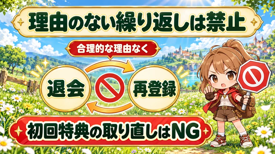合理的な理由なく退会と再登録を繰り返すことは禁止。初回特典目的の取り直しを避ける。