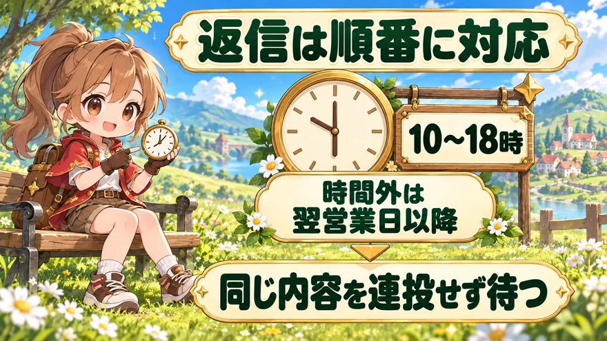 どっかんトレカ窓口LINEの対応時間は10〜18時。時間外は翌営業日以降、同じ内容を連投せず返信を待つ。