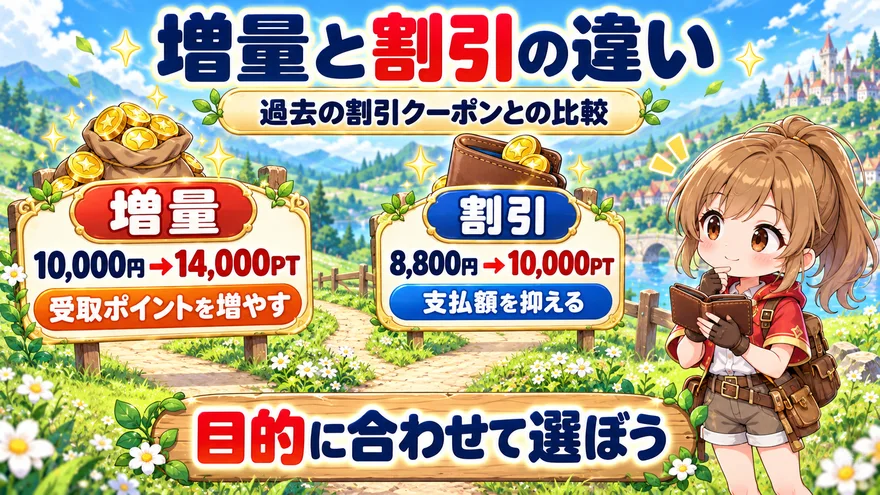 初回増量は10,000円で14,000PT。過去の割引例は8,800円で10,000PT。増量と割引の目的の違い
