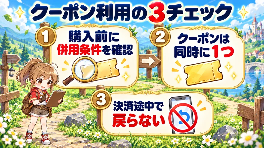 購入前に併用条件を確認、クーポンは同時に1つ、決済途中で戻らない