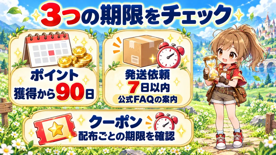 ポイントは獲得から90日、発送依頼は公式FAQで7日以内、クーポンは配布ごとの期限を確認