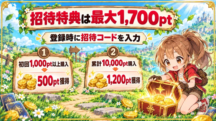 DOPA招待特典の初回1,000pt以上購入で500pt、累計10,000pt購入で1,200ptの条件