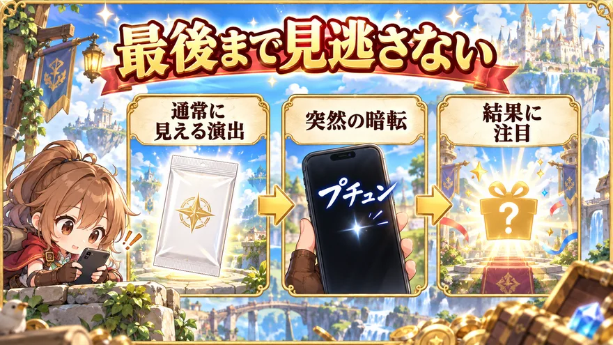 通常に見える演出から突然の暗転へ。プチュンの後も最後の結果まで注目する流れ