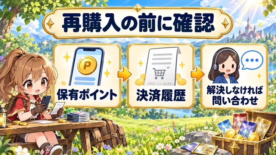 ポイントの再購入前に保有ポイントと決済履歴を確認し解決しなければ問い合わせ