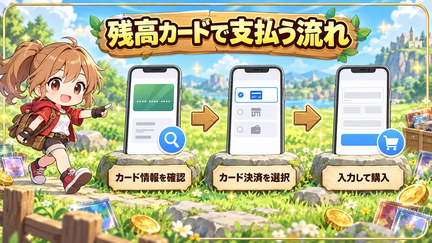 残高カードで支払う流れ:カード情報を確認、カード決済を選択、入力して購入