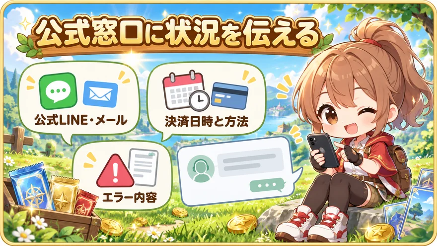 公式窓口に状況を伝える:公式LINE・メール、決済日時と方法、エラー内容