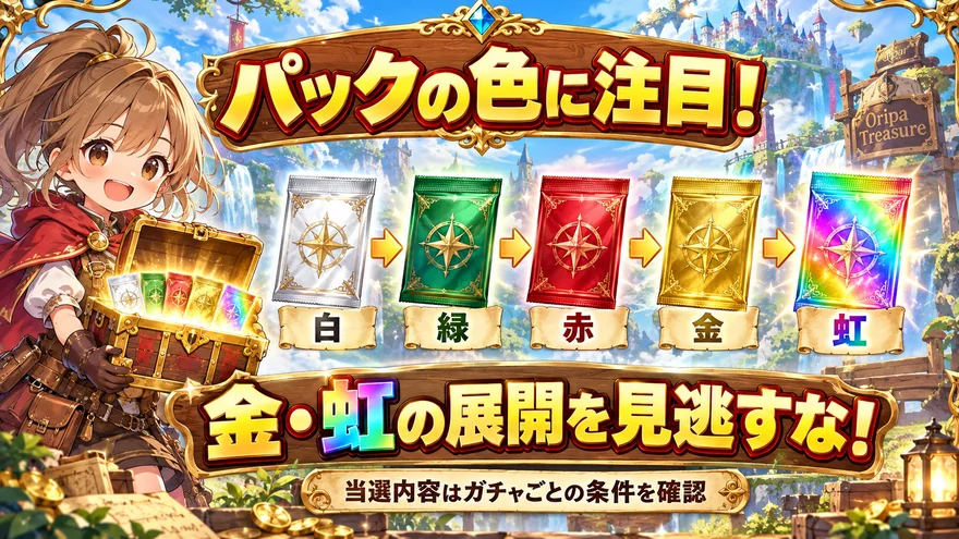 オリパワンの白・緑・赤・金・虹のパック色を示す図解