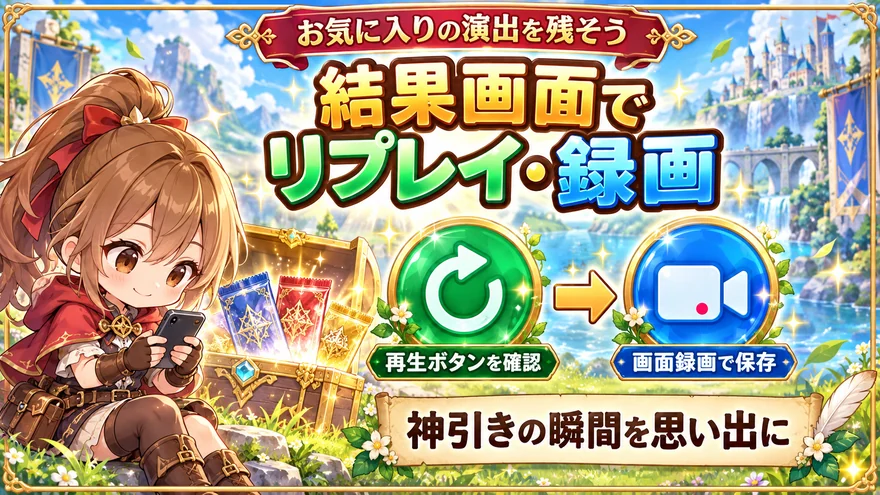 オリパワンの結果画面で演出をリプレイし画面録画で保存する図解