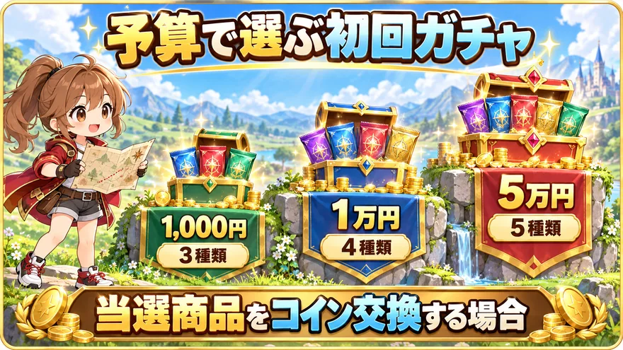 オリスタの初回予算と引けるガチャ数の比較。コイン交換する場合は1,000円で3種類、1万円で4種類、5万円で5種類