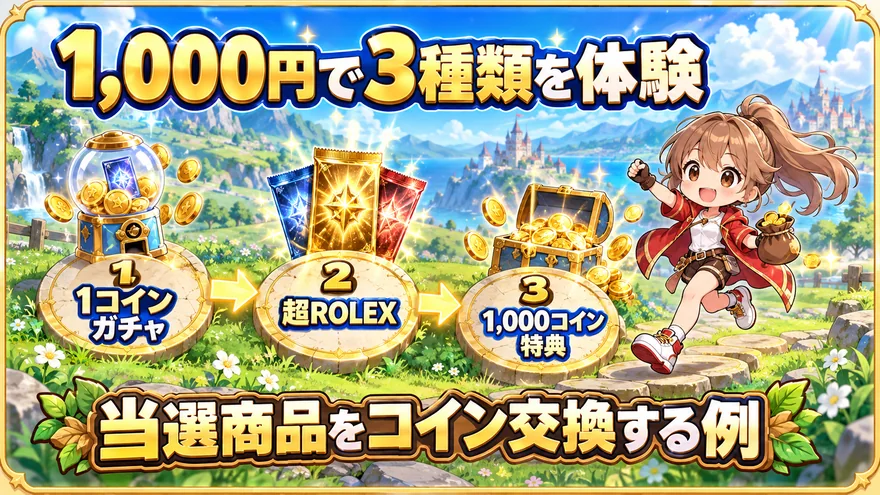 オリスタに1,000円課金し、当選商品をコイン交換しながら3種類のガチャを引く順番