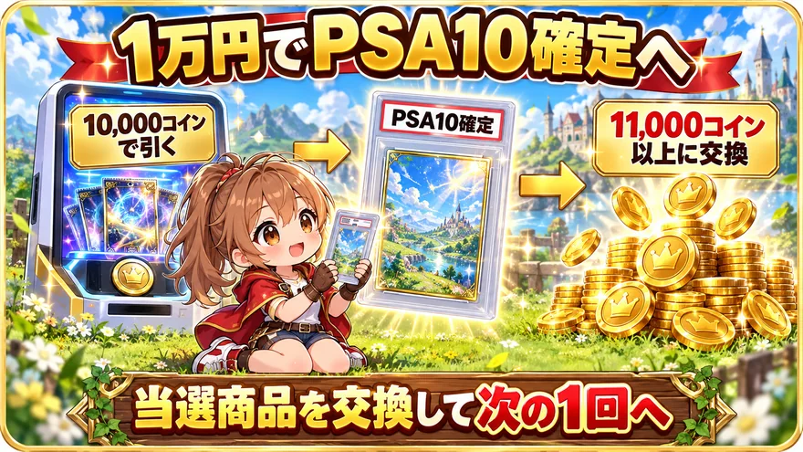 オリスタのPSA10確定ガチャを1万コインで引き、当選商品を11,000コイン以上に交換する流れ