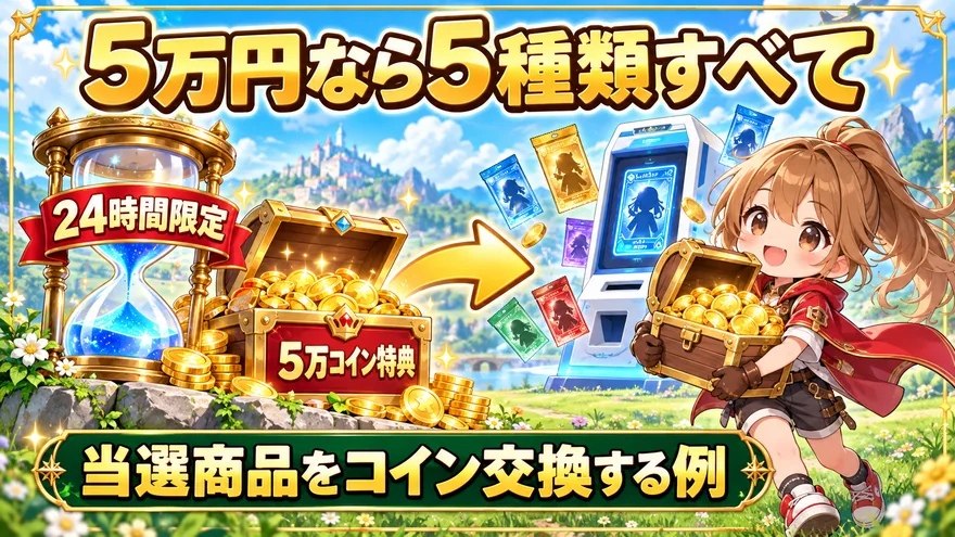 オリスタの24時間限定5万コイン特典を引き、当選商品をコイン交換して他のガチャへ進む例