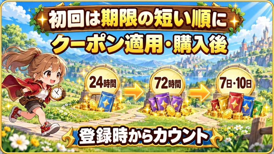 オリスタの初回ガチャはクーポン適用と購入後、登録からの期限が短い順に引く