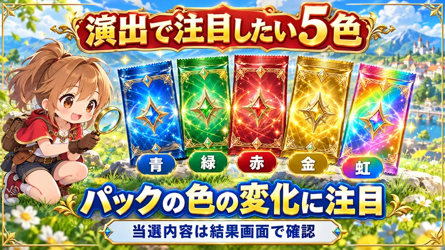 青・緑・赤・金・虹の5色のパックと、当選内容は結果画面で確認することを示す図解