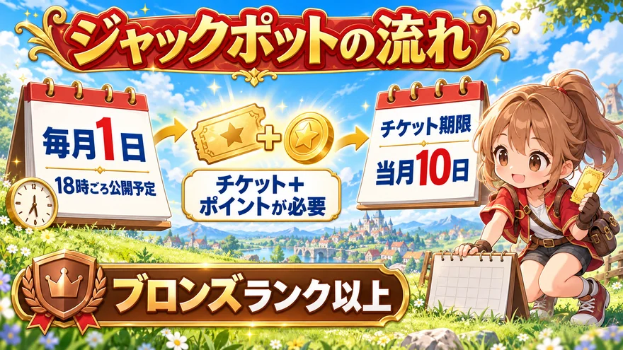 毎月1日18時ごろ公開予定のジャックポット、チケットとポイントが必要な条件、当月10日の期限とブロンズランク以上の対象を示す図解