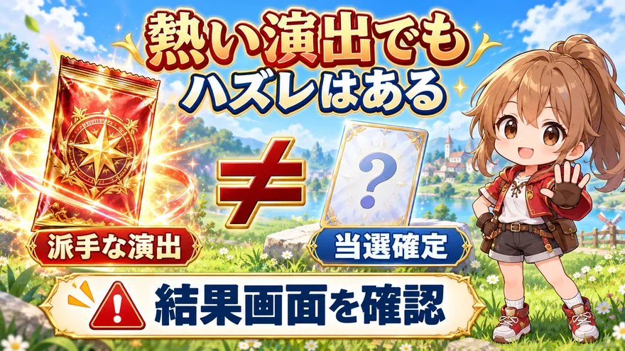 派手な演出は当選確定ではなく、熱い演出でもハズレがあるため結果画面を確認する図解