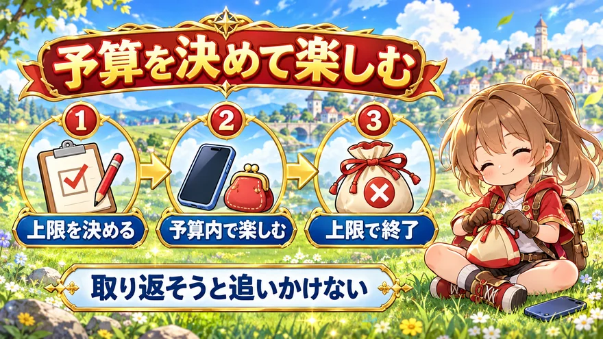 上限を決める、予算内で楽しむ、上限で終了する3ステップと、取り返そうと追いかけない注意点の図解